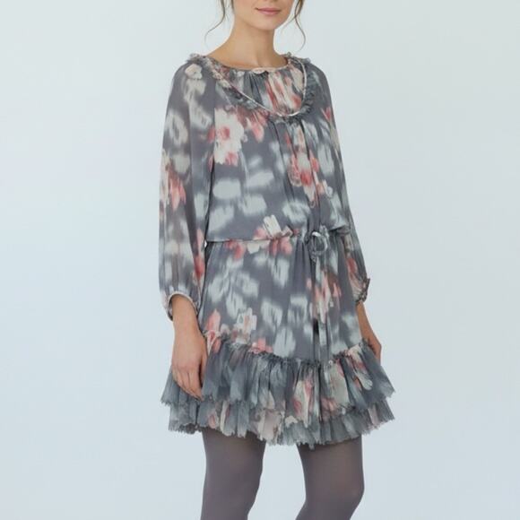 Rebecca Taylor Silk Floral Ruffle Hem Dress Gray Pink Tie Waist Long Sleeve 100% - Picture 15 of 15